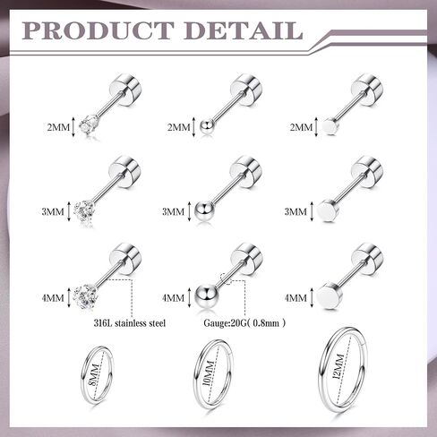 LOYALLOOK 12Pairs Cartilage Earrings Tiny Stud Earring for Women Gold Plated Stainless Steel Earrings set Sets for Multiple Piercing Small Hoop Huggie Earrings CZ Ball Flat Back Earrings in Kuwait