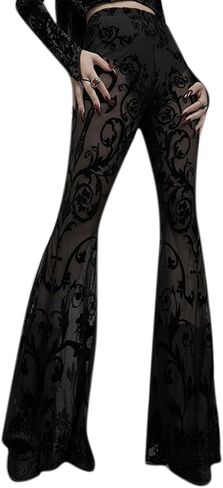 Women Rave Sheer Mesh Shiny Pants Flared High Waist Bell Bottom Pants for Party Dance Festival in Kuwait