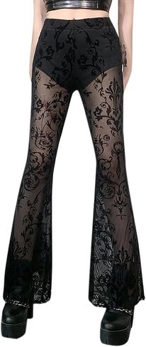 Women Rave Sheer Mesh Shiny Pants Flared High Waist Bell Bottom Pants for Party Dance Festival in Kuwait
