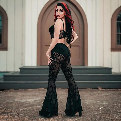 Women Rave Sheer Mesh Shiny Pants Flared High Waist Bell Bottom Pants for Party Dance Festival in Kuwait