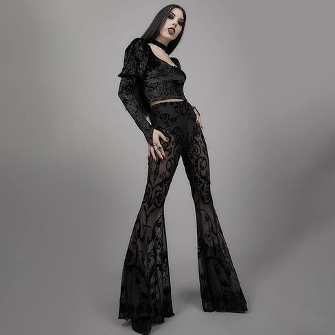 Women Rave Sheer Mesh Shiny Pants Flared High Waist Bell Bottom Pants for Party Dance Festival in Kuwait