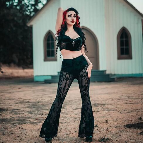 Women Rave Sheer Mesh Shiny Pants Flared High Waist Bell Bottom Pants for Party Dance Festival in Kuwait