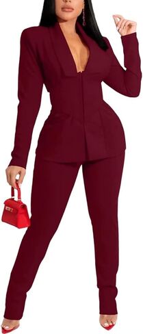 بدلة نسائية أنيقة مكونة من قطعتين وفتحة رقبة على شكل V عميقة ومفتوحة من الأمام وسترة طويلة وبنطلون بدلة مكتب مع حزام باللون الأحمر الخمري 2XL in Kuwait
