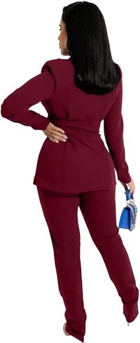 بدلة نسائية أنيقة مكونة من قطعتين وفتحة رقبة على شكل V عميقة ومفتوحة من الأمام وسترة طويلة وبنطلون بدلة مكتب مع حزام باللون الأحمر الخمري 2XL in Kuwait