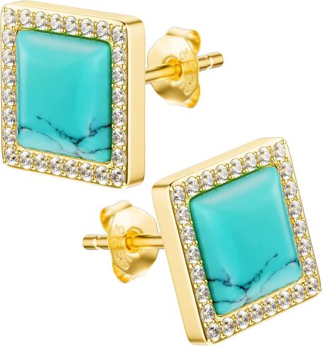 أقراط BTOYM باللون الفيروزي 18 قيراط مطلية بالذهب 925 من الفضة الإسترليني دائرية/مثلث/مربع/أقراط على شكل قلب مع مكعب زركونيا أقراط أحجار كريمة أنيقة للنساء والفتيات in Kuwait