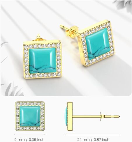 أقراط BTOYM باللون الفيروزي 18 قيراط مطلية بالذهب 925 من الفضة الإسترليني دائرية/مثلث/مربع/أقراط على شكل قلب مع مكعب زركونيا أقراط أحجار كريمة أنيقة للنساء والفتيات in Kuwait