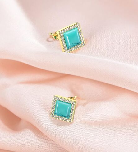 أقراط BTOYM باللون الفيروزي 18 قيراط مطلية بالذهب 925 من الفضة الإسترليني دائرية/مثلث/مربع/أقراط على شكل قلب مع مكعب زركونيا أقراط أحجار كريمة أنيقة للنساء والفتيات in Kuwait