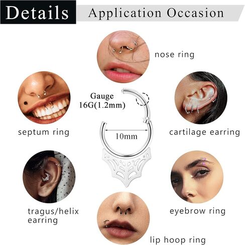 ZELORES 20Pcs 16G Septum Rings Horseshoe Septum Jewelry Stainless Steel Lip Nose Rings Hoops Helix Tragus Earrings Daith Cartilage Piercing Jewelry Silver Black Septum Ring Set for Women Men 8mm 10mm in Saudi Arabia