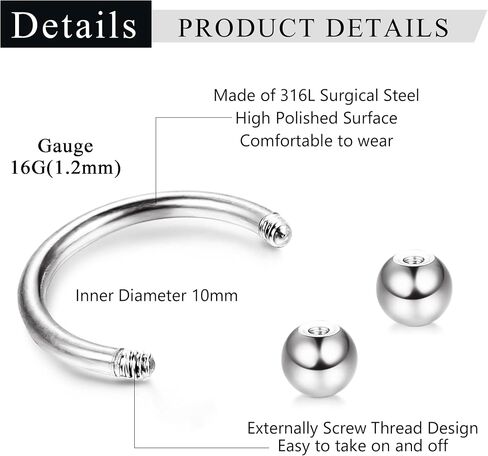 ZELORES 20Pcs 16G Septum Rings Horseshoe Septum Jewelry Stainless Steel Lip Nose Rings Hoops Helix Tragus Earrings Daith Cartilage Piercing Jewelry Silver Black Septum Ring Set for Women Men 8mm 10mm in Saudi Arabia