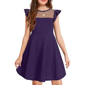 Arshiner Girls Dress Summer Ruffle Sleeve Mesh A Line Casual Party Dresses with Pockets 6-13 Years