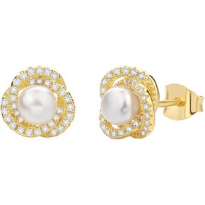 Pearl Stud Earrings 18K Yellow Gold Plated - AAA+ Freshwater Cultured Pearl Studs Round 4.5mm, Cubic Zirconia Sterling Silver Pearl Earrings for Women Teens Girls in Kuwait