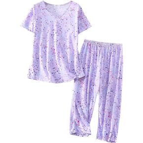 HOWINCO Women's Pajama Sets Cotton Plus Size Sleepwear Top and Capri Pant Soft Pj Set Ladies Pajamas Sets