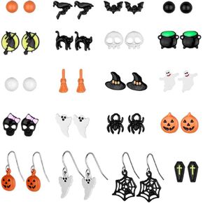 ASHMITA 20 Pairs Halloween Stud Earrings Sets Pumpkin Spider Bat Black Cat Ghost Witch Candy Spooky Fall Skull Drop Earring Set Jewelry Gift for Women Girls