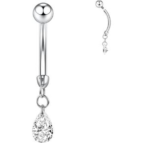 Dangly Belly Button Ring 14G Belly Barbell G23 Titanium Belly Piercing Jewelry Dangle Navel Rings Cute Belly Bars 10mm Belly Ring Internally Threaded Long Curved Barbell for Women Girls with CZ