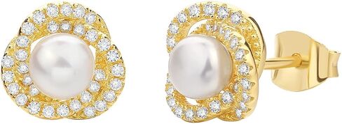 Pearl Stud Earrings 18K Yellow Gold Plated - AAA+ Freshwater Cultured Pearl Studs Round 4.5mm, Cubic Zirconia Sterling Silver Pearl Earrings for Women Teens Girls in Kuwait