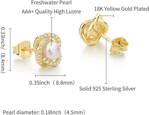 Pearl Stud Earrings 18K Yellow Gold Plated - AAA+ Freshwater Cultured Pearl Studs Round 4.5mm, Cubic Zirconia Sterling Silver Pearl Earrings for Women Teens Girls in Kuwait