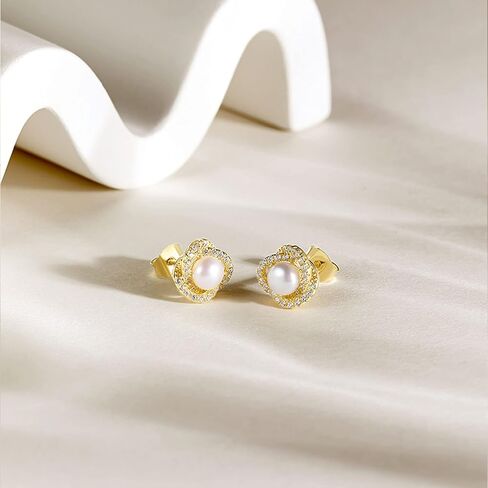 Pearl Stud Earrings 18K Yellow Gold Plated - AAA+ Freshwater Cultured Pearl Studs Round 4.5mm, Cubic Zirconia Sterling Silver Pearl Earrings for Women Teens Girls in Kuwait