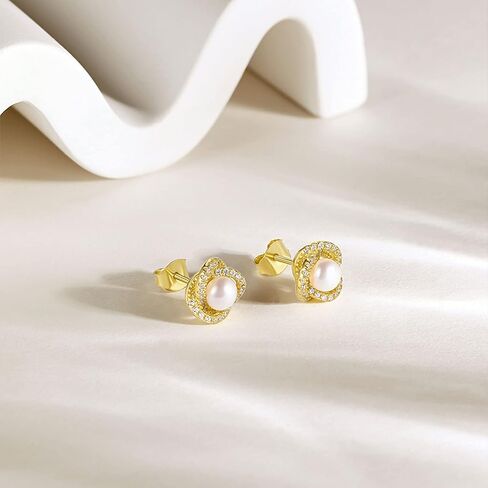 Pearl Stud Earrings 18K Yellow Gold Plated - AAA+ Freshwater Cultured Pearl Studs Round 4.5mm, Cubic Zirconia Sterling Silver Pearl Earrings for Women Teens Girls in Kuwait