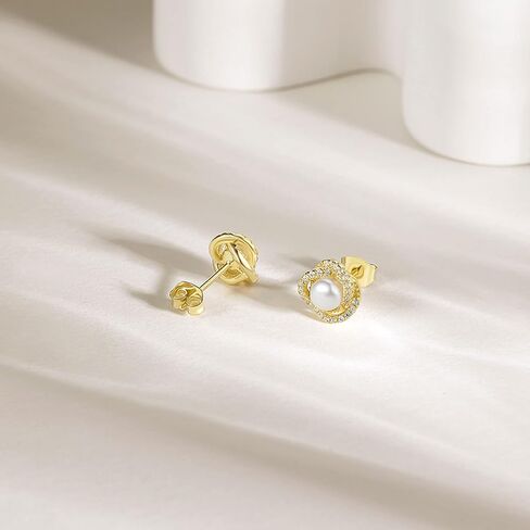 Pearl Stud Earrings 18K Yellow Gold Plated - AAA+ Freshwater Cultured Pearl Studs Round 4.5mm, Cubic Zirconia Sterling Silver Pearl Earrings for Women Teens Girls in Kuwait