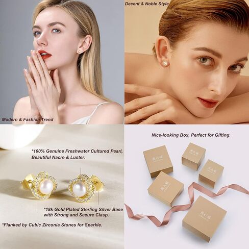 Pearl Stud Earrings 18K Yellow Gold Plated - AAA+ Freshwater Cultured Pearl Studs Round 4.5mm, Cubic Zirconia Sterling Silver Pearl Earrings for Women Teens Girls in Kuwait