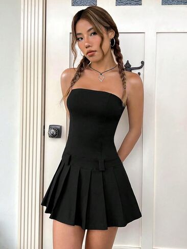 فستان Milumia نسائي قصير بطيات على شكل أنبوبة بدون أكمام على شكل حرف A فساتين قصيرة in Kuwait