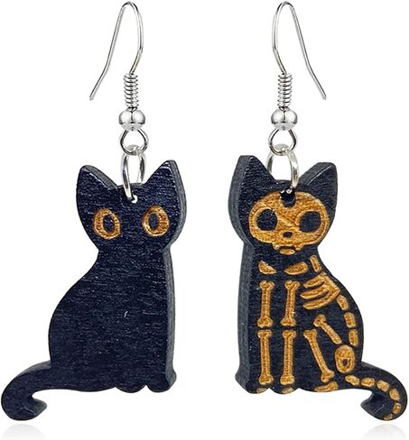 QUPENGXU Kawaii Halloween Cat Earring Wooden Black Cats Dangle Earrings Skeleton Cat Drop Earring For Women Girls in Saudi Arabia