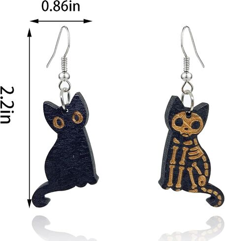 QUPENGXU Kawaii Halloween Cat Earring Wooden Black Cats Dangle Earrings Skeleton Cat Drop Earring For Women Girls in Saudi Arabia
