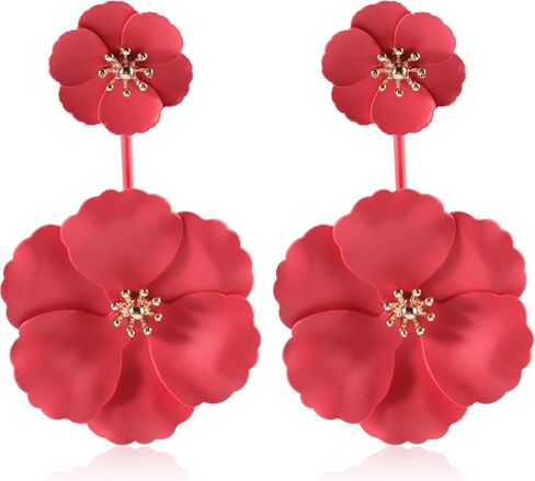 Long Statement Red Acrylic Rose Earrings for Women and Girls, Dangle Neon Mexican Tropical Hawaiian Costume Flower Floral Earring Jewelry Drop Fashion Large Lightweight in Saudi Arabia