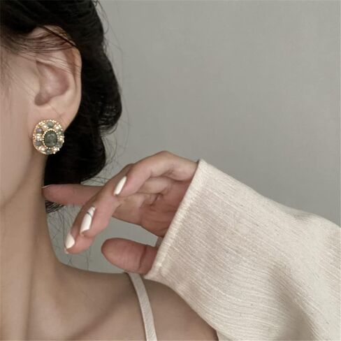 أقراط من الأكريليك البيضاوي القديم من سيفينستون، أقراط قصر من اللؤلؤ المقلد والحجر الخام مجوهرات للنساء والفتيات in Kuwait