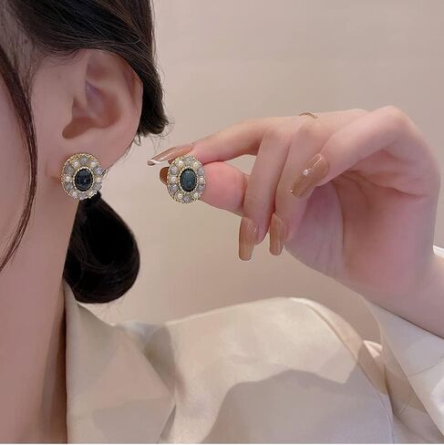 أقراط من الأكريليك البيضاوي القديم من سيفينستون، أقراط قصر من اللؤلؤ المقلد والحجر الخام مجوهرات للنساء والفتيات in Kuwait