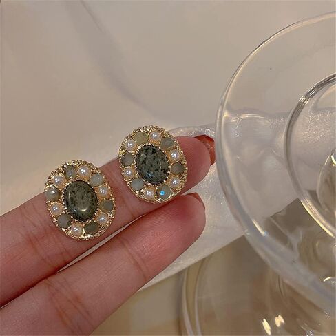 أقراط من الأكريليك البيضاوي القديم من سيفينستون، أقراط قصر من اللؤلؤ المقلد والحجر الخام مجوهرات للنساء والفتيات in Kuwait