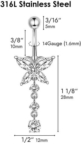 Musegetes 316L Stainless Steel Belly Button Rings, Surgical Steel Belly Rings Barbell, 14G Navel Rings, Sparkle Cubic Zircons CZ, Belly Piercing Rings in Saudi Arabia