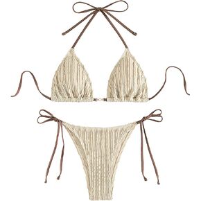 MakeMeChic Women's Triangle Halter Top & Tie Side Thong 2 Piece Bikini Sexy Swimsuit