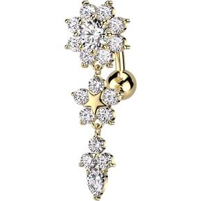 Pierced Owl 14GA 316L Stainless Steel CZ Crystal Double Flower Top Drop Reverse Belly Button Ring