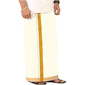 Stylesindia Pure Cotton Double Layer Dhoti Vesti Mundu Golden Zari Broad Border Dhoti 3.6 Meter-Cream in Saudi Arabia