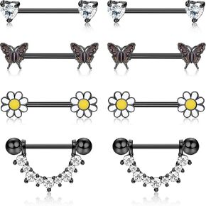 FINREZIO 4Pairs 14G Nipple Rings 316L Surgical Steel Flower Nipple Tongue Ring Barbell Piercing for Women Body Piercing Jewelry in Kuwait