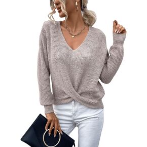 SweatyRocks Women's Long Sleeve Twist Front Sweater V Neck Drop Shoulder Cut Out Back Knitwear in Saudi Arabia
