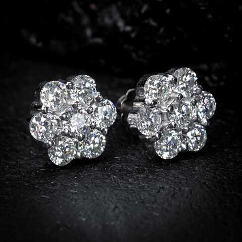 Brilliant Elegant Large White Gold Plated 925 Sterling Silver Trendy Ice Out Big Hypoallergenic Flower Cluster Round Hip Hop Iced 5A Cz Unisex Circle Stud Screw Back Earrings in Saudi Arabia