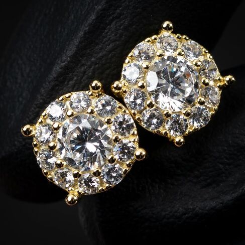 Yellow Gold Plated 925 Sterling Silver Large Unisex Round Hip hop CZ Flower Cluster Screw Back Big Circle Shape Trendy Ice Out Cubic Zirconia Hypoallergenic Stud Earrings For Men Women Jewelry Gifts in Saudi Arabia