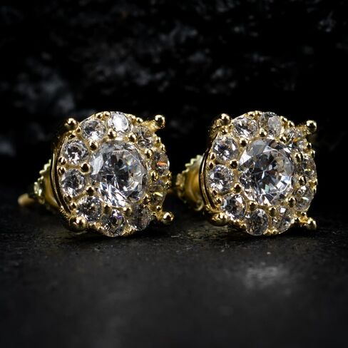 Yellow Gold Plated 925 Sterling Silver Large Unisex Round Hip hop CZ Flower Cluster Screw Back Big Circle Shape Trendy Ice Out Cubic Zirconia Hypoallergenic Stud Earrings For Men Women Jewelry Gifts in Saudi Arabia