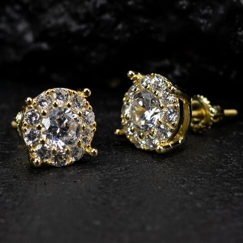 Yellow Gold Plated 925 Sterling Silver Large Unisex Round Hip hop CZ Flower Cluster Screw Back Big Circle Shape Trendy Ice Out Cubic Zirconia Hypoallergenic Stud Earrings For Men Women Jewelry Gifts in Saudi Arabia