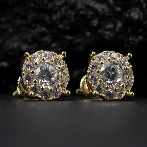 Yellow Gold Plated 925 Sterling Silver Large Unisex Round Hip hop CZ Flower Cluster Screw Back Big Circle Shape Trendy Ice Out Cubic Zirconia Hypoallergenic Stud Earrings For Men Women Jewelry Gifts in Saudi Arabia
