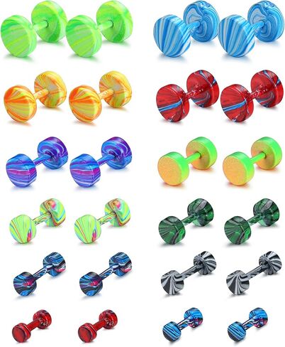 Subiceto 12 Pairs 16G Fake Gauges Earrings Stainless Steel Men Earrings Studs Ear Piercing Plugs Tunnel Faux Gauge Fake Earrings 3-8MM, Stainless Steel, no gemstone in Kuwait