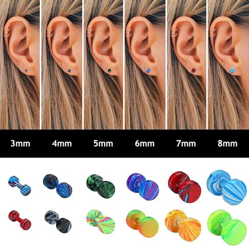 Subiceto 12 Pairs 16G Fake Gauges Earrings Stainless Steel Men Earrings Studs Ear Piercing Plugs Tunnel Faux Gauge Fake Earrings 3-8MM, Stainless Steel, no gemstone in Kuwait
