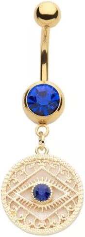 Pierced Owl 14GA Gold Tone 316L Stainless Steel Blue CZ Crystal Evil Eye Filigree Charm Dangling Belly Button Ring in Saudi Arabia