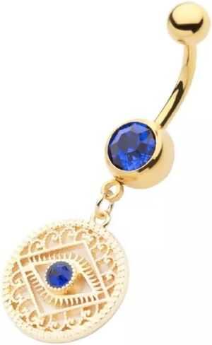 Pierced Owl 14GA Gold Tone 316L Stainless Steel Blue CZ Crystal Evil Eye Filigree Charm Dangling Belly Button Ring in Saudi Arabia