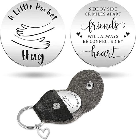 LRUIOMVE Side by Side or Miles Apart Friends - Inspirational Pocket Hug Token with Leather Keychain, Stainless Steel Double Sided Coin Long Distance Relationship Gift for Friends Sister in Kuwait