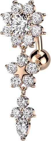 Pierced Owl 14GA 316L Stainless Steel CZ Crystal Double Flower Top Drop Reverse Belly Button Ring in Saudi Arabia