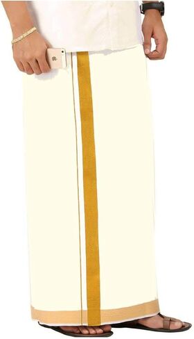 Stylesindia Pure Cotton Double Layer Dhoti Vesti Mundu Golden Zari Broad Border Dhoti 3.6 Meter-Cream in Saudi Arabia