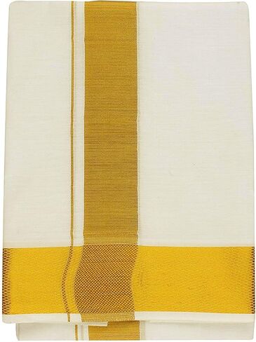 Stylesindia Pure Cotton Double Layer Dhoti Vesti Mundu Golden Zari Broad Border Dhoti 3.6 Meter-Cream in Saudi Arabia